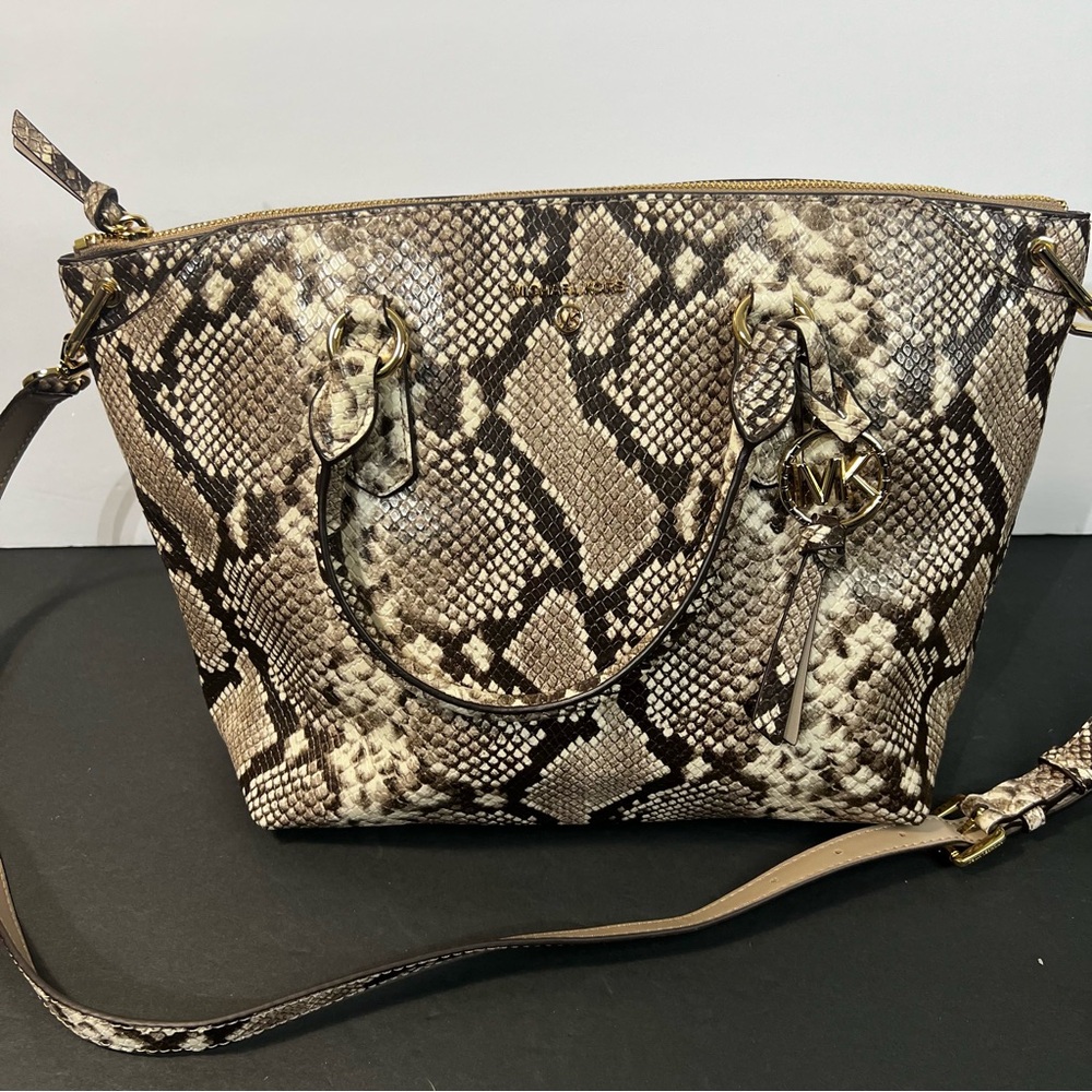Michael, Michael Kors Elson Large Satchel Brown & Cream Snake Print Shoulder Bag